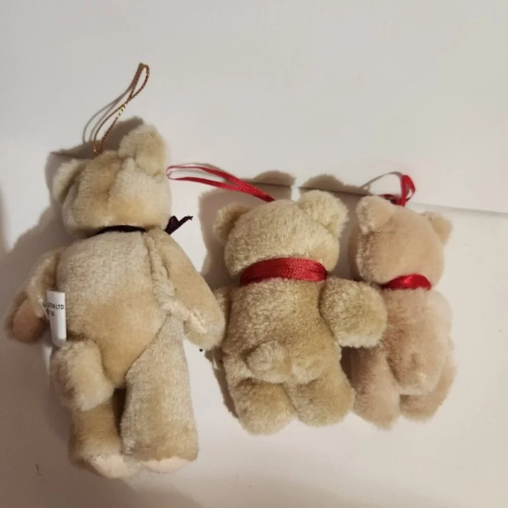 Set 3 vintage Small Teddy Bear Ornaments Christmas Festive Decor Tan Red Ribbon‎